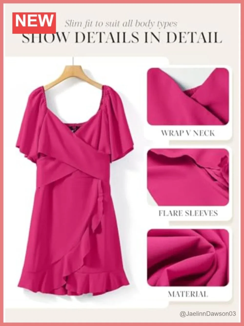 Wrap V Neck Short Flared Sleeve Wedding Guest Dress Smocked Elastic Waist - Picture 4 of 6